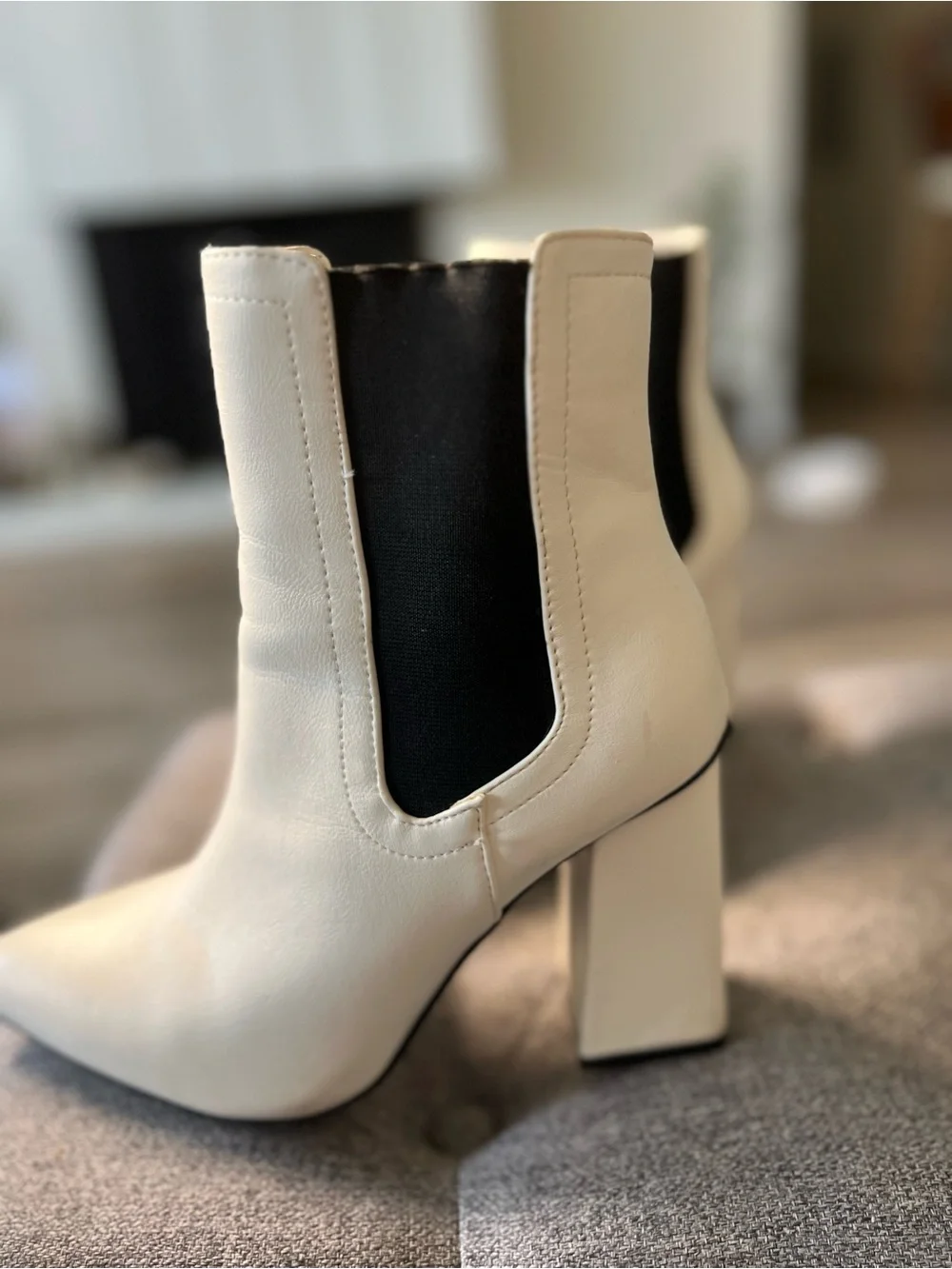 White Leather Block Heel Chelsea Boots with Black Elastic